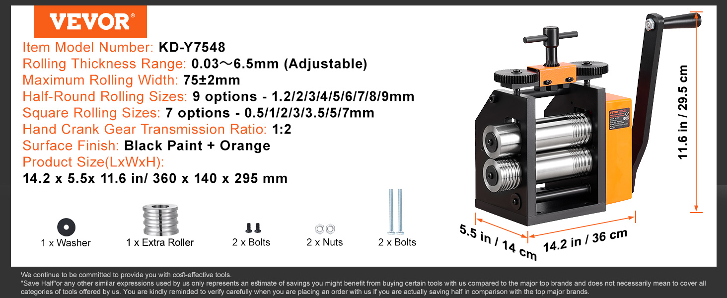 VEVOR jewelry rolling mill with adjustable thickness, hand crank, black and orange finish, accessory bolts.