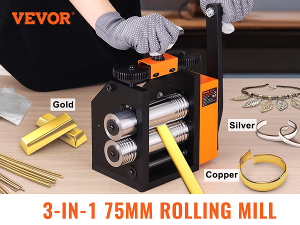 VEVOR jewelry rolling mill with adjustable rollers for crafting gold, silver, and copper jewelry.