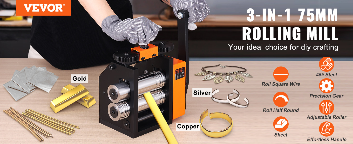 VEVOR jewelry rolling mill with adjustable rollers for crafting gold, silver, and copper jewelry.