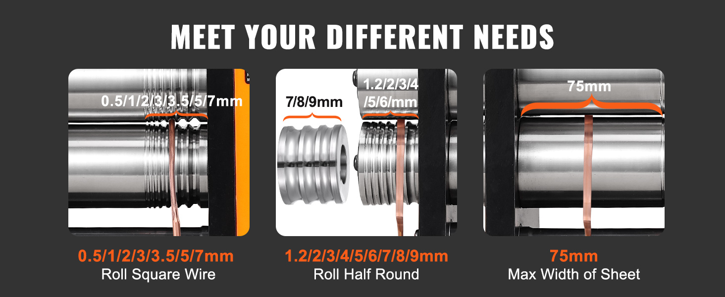 VEVOR jewelry rolling mill with square wire, half-round, and sheet rollers showcasing various dimensions.