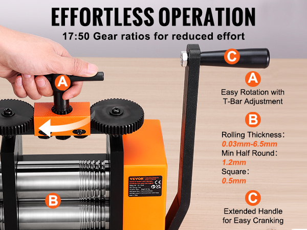 VEVOR jewelry rolling mill with easy rotation, 0.03mm-6.5mm thickness, and extended handle for cranking.