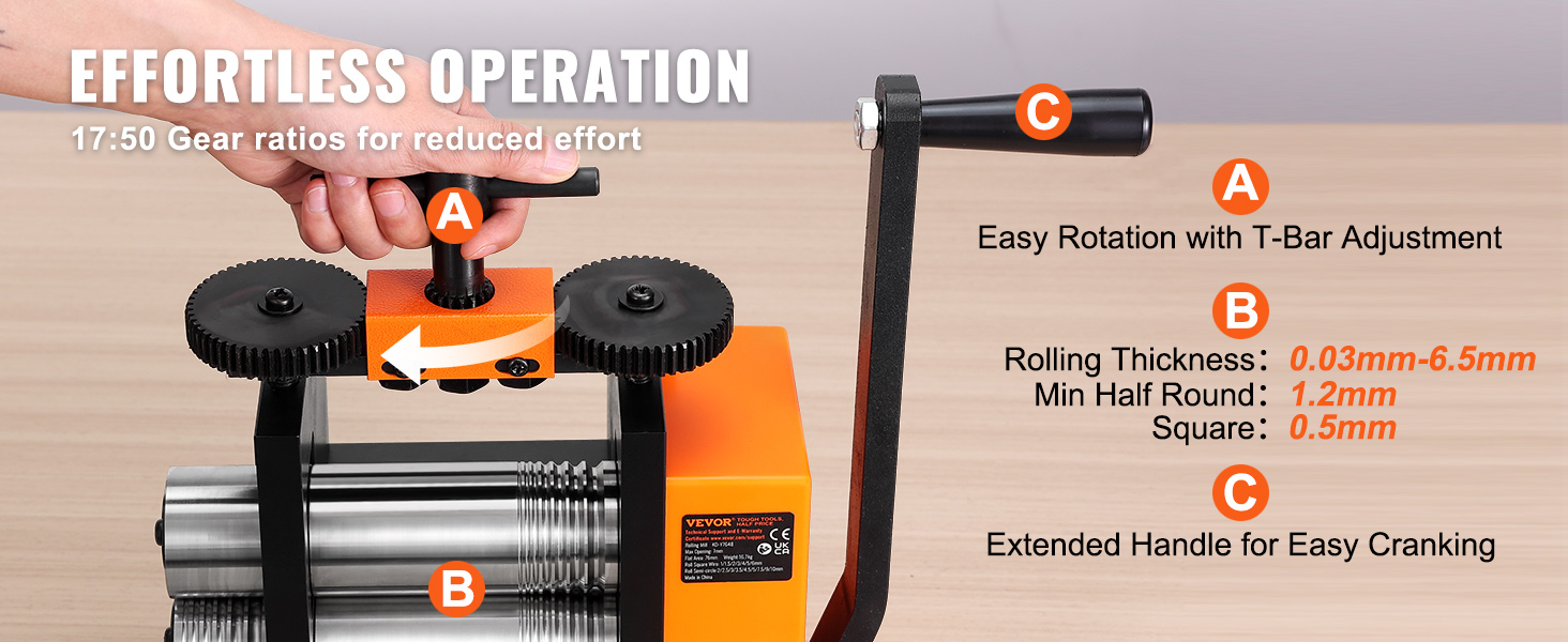 VEVOR jewelry rolling mill with easy rotation, 0.03mm-6.5mm thickness, and extended handle for cranking.