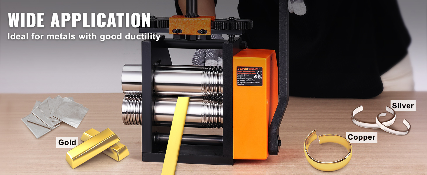 VEVOR jewelry rolling mill, ideal for shaping gold, silver, and copper, with high ductility for metals.