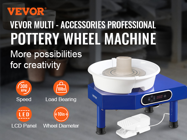 VEVOR pottery wheel with 300 rpm, 18lbs load, led panel, and 10in diameter for professional use.