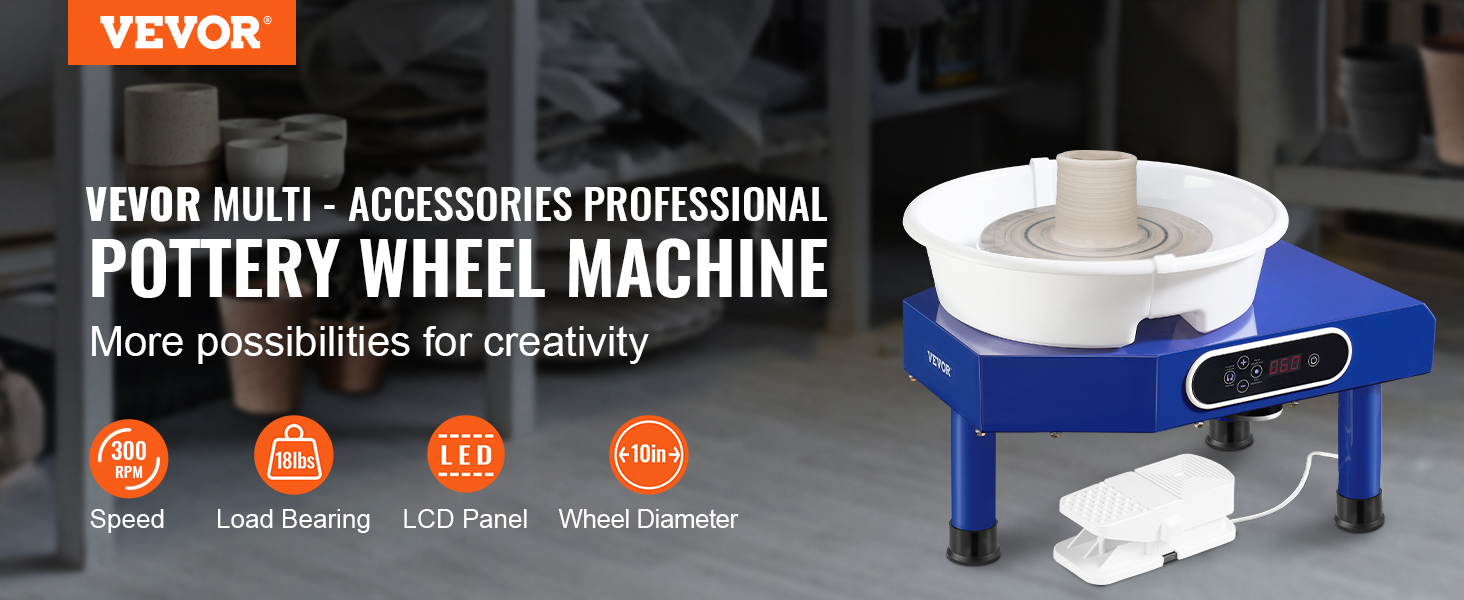 VEVOR pottery wheel with 300 rpm, 18lbs load, led panel, and 10in diameter for professional use.