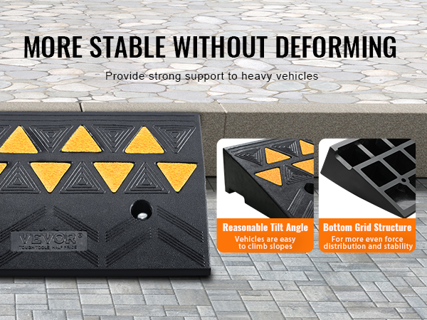 VEVOR rubber curb ramp with yellow traction triangles, showing stability features and grid structure.