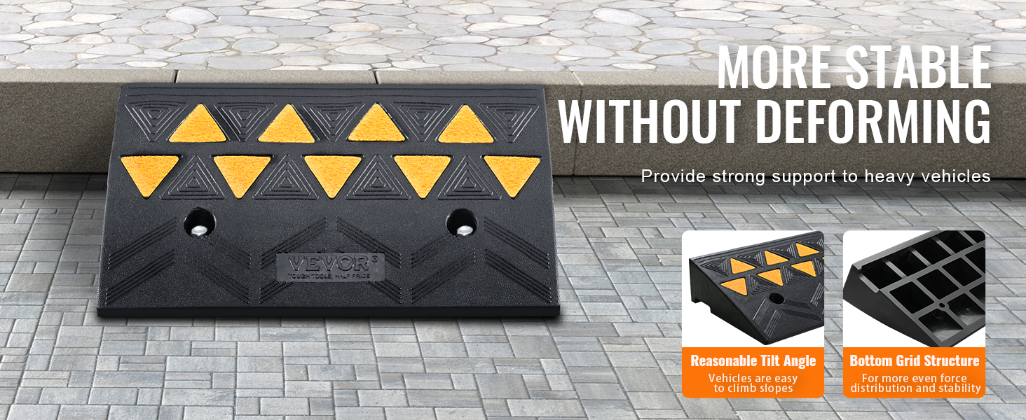 VEVOR rubber curb ramp with yellow traction triangles, showing stability features and grid structure.