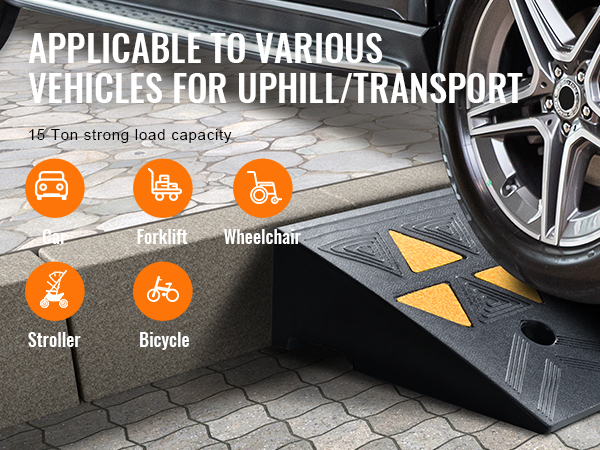 VEVOR rubber curb ramp with 15 ton load capacity for cars, carts, wheelchairs, strollers, and bicycles.