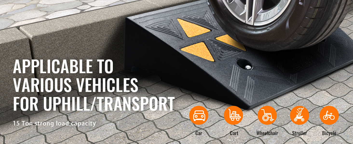 VEVOR rubber curb ramp with 15 ton load capacity for cars, carts, wheelchairs, strollers, and bicycles.