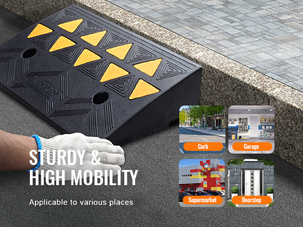 VEVOR rubber curb ramp with yellow triangular patterns, used for curb, garage, supermarket, doorstep.