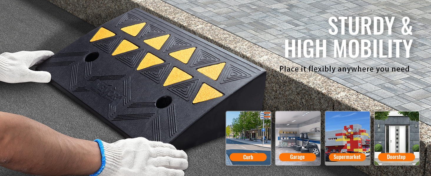 VEVOR rubber curb ramp with yellow triangular patterns, used for curb, garage, supermarket, doorstep.
