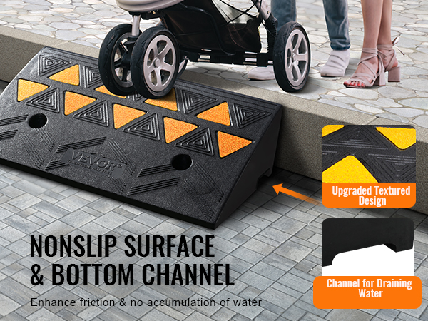 VEVOR rubber curb ramp with nonslip surface, bottom channel, and grooved design for enhanced traction.