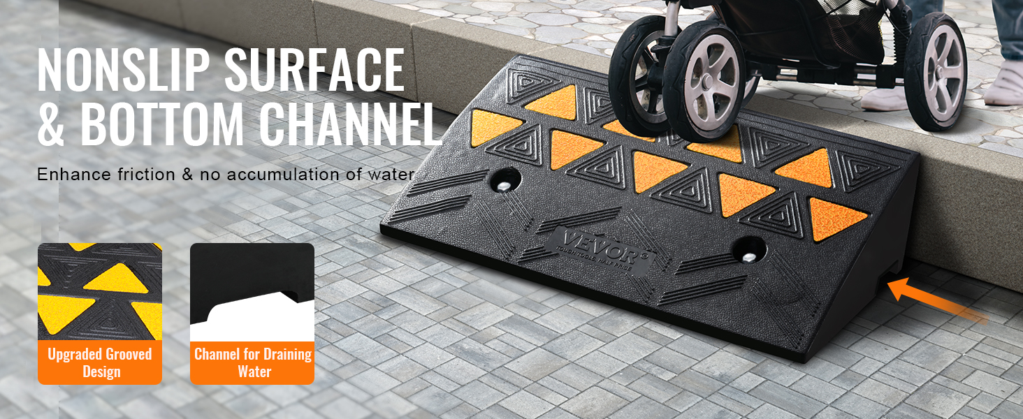 VEVOR rubber curb ramp with nonslip surface, bottom channel, and grooved design for enhanced traction.