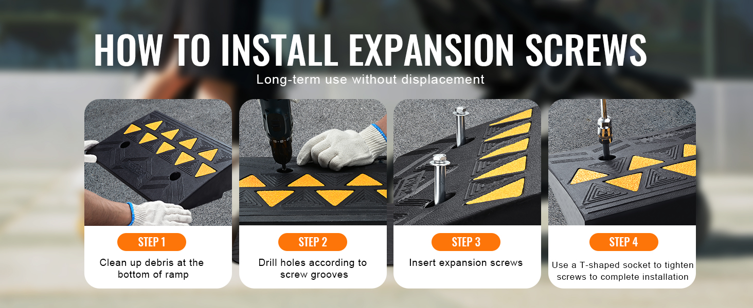 how to install VEVOR rubber curb ramp, featuring detailed step-by-step instruction visuals.