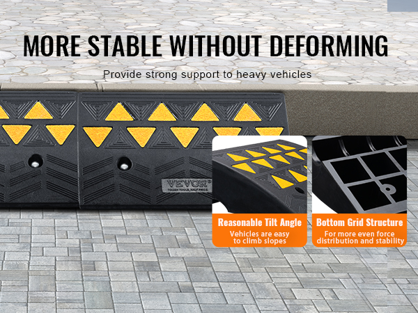VEVOR gumijas apmales rampa, kas paredzēta stabilitātei un smago transportlīdzekļu atbalstam ar dzelteniem saķeres trīsstūriem.