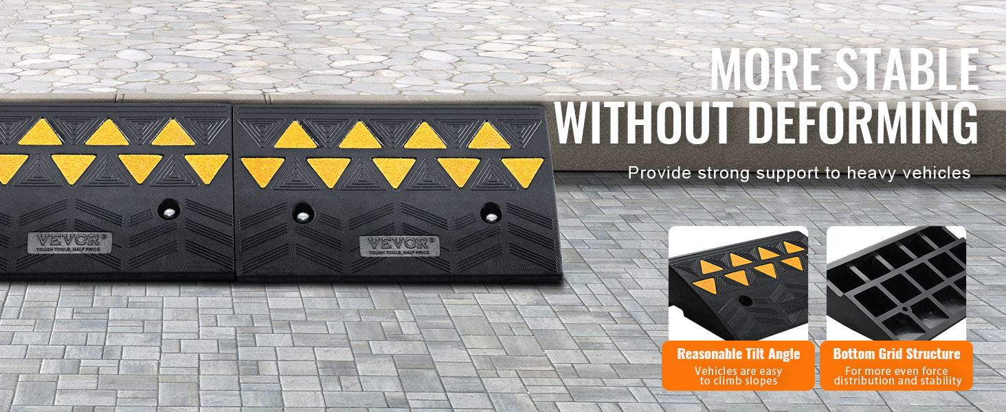 VEVOR gumijas apmales rampa, kas paredzēta stabilitātei un smago transportlīdzekļu atbalstam ar dzelteniem saķeres trīsstūriem.