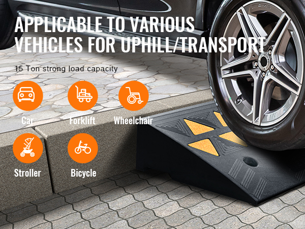 VEVOR gumijas apmales rampa var izturēt līdz 15 tonnām automašīnu, ratiņu, ratiņkrēslu, bērnu ratiņu un velosipēdu pārvadāšanu.