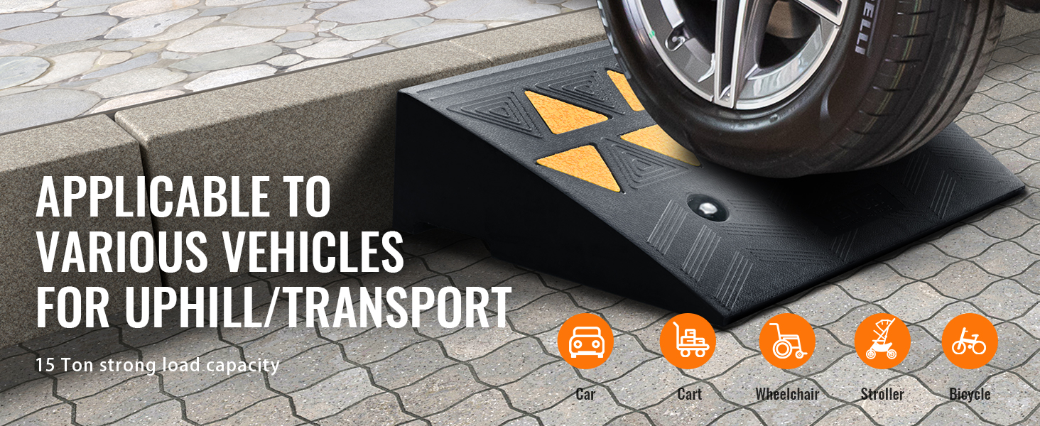 VEVOR gumijas apmales rampa var izturēt līdz 15 tonnām automašīnu, ratiņu, ratiņkrēslu, bērnu ratiņu un velosipēdu pārvadāšanu.