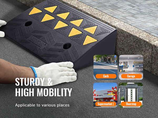 VEVOR gumijas apmales rampa redzama lietošanā apmalēm, garāžām, lielveikaliem un durvju sliekšņiem.