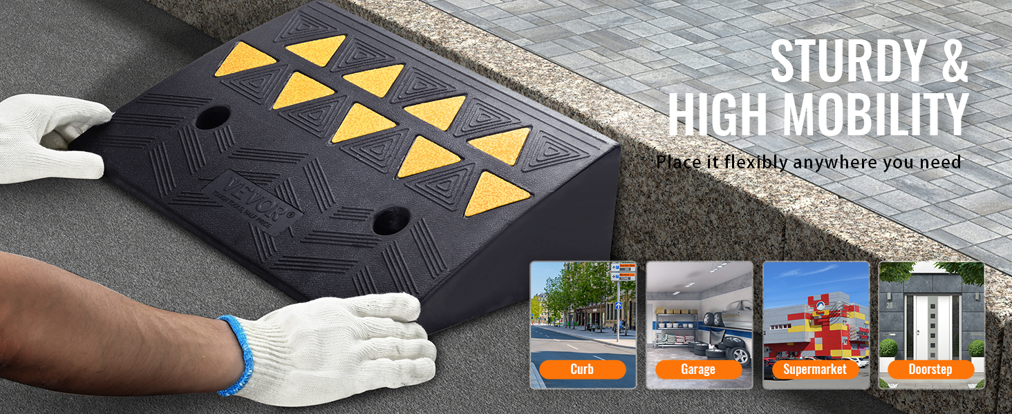 VEVOR gumijas apmales rampa redzama lietošanā apmalēm, garāžām, lielveikaliem un durvju sliekšņiem.