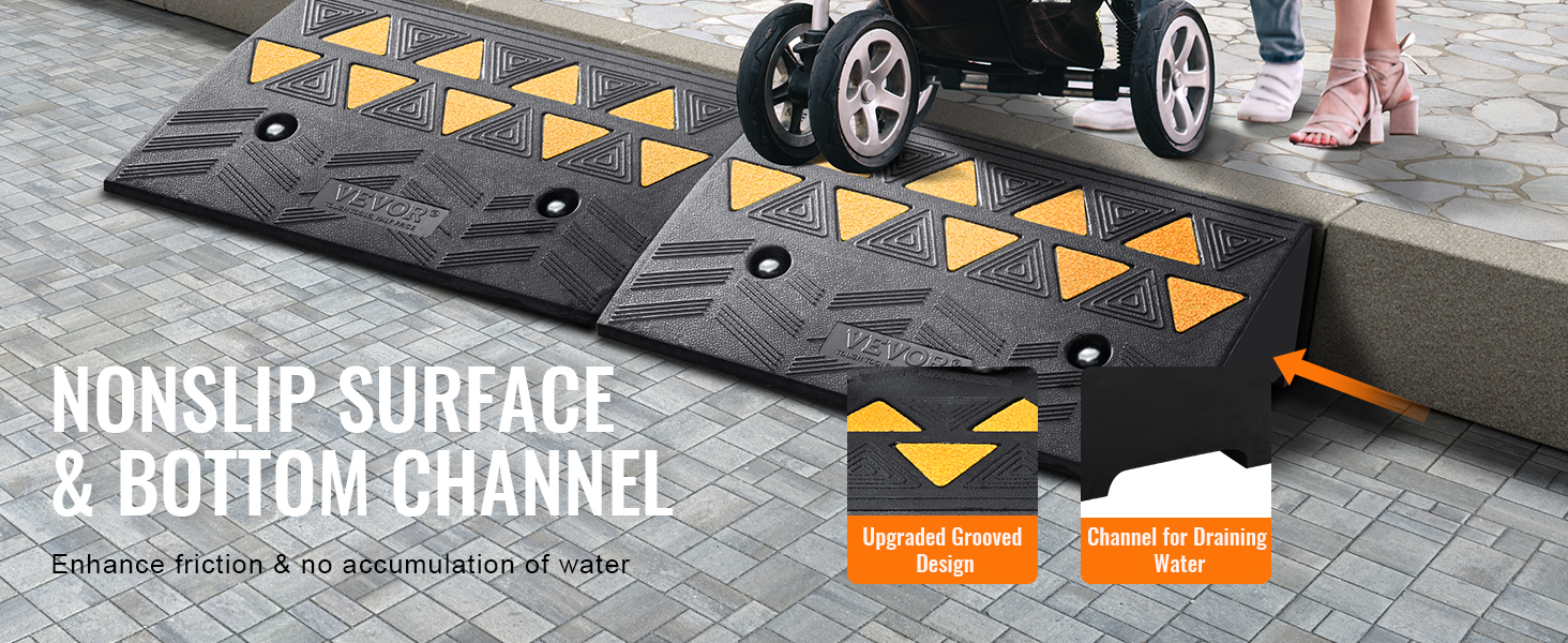Neslīdoša VEVOR gumijas apmales rampa ar rievotu dizainu un ūdens noteci piekļuvei apmalēm.