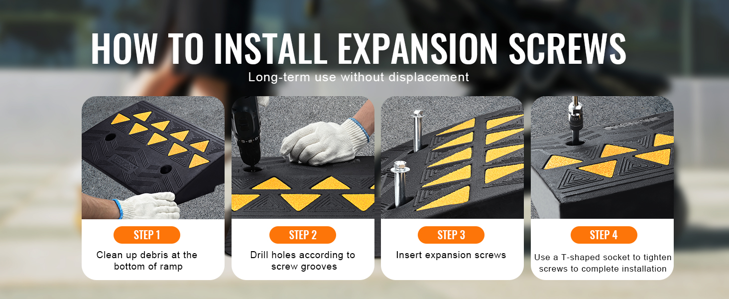 Kā uzstādīt VEVOR gumijas apmales rampu ar izplešanās skrūvēm: notīriet, izurbiet, ievietojiet un pievelciet.