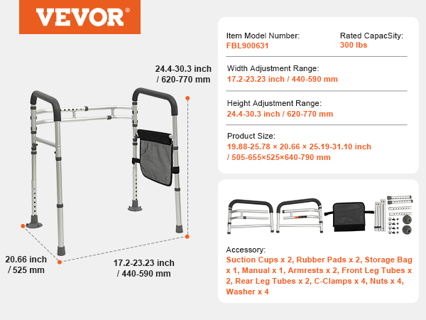 VEVOR toilet safety rail, adjustable height and width, includes storage bag and accessories.