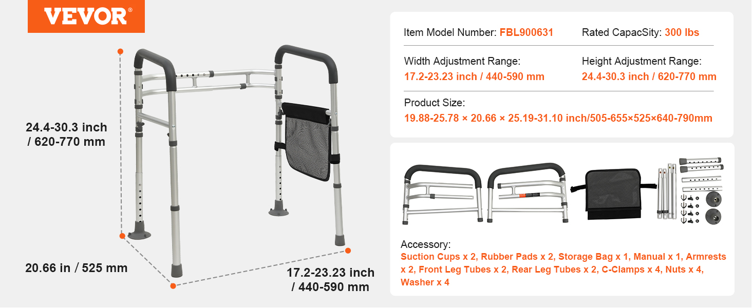 VEVOR toilet safety rail, adjustable height and width, includes storage bag and accessories.