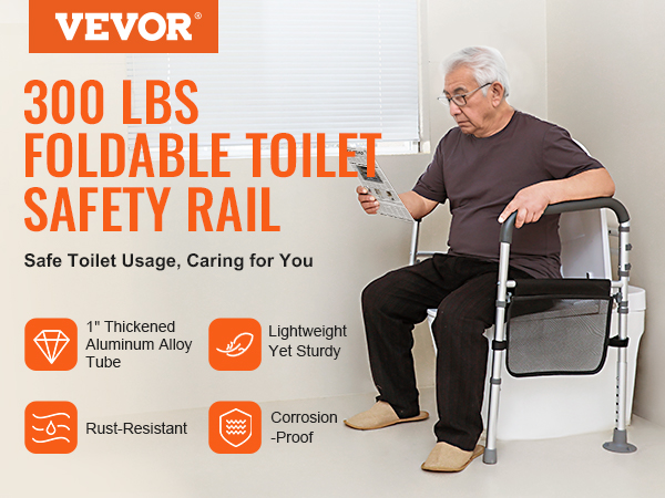 VEVOR toilet safety rail, foldable, supports up to 300 lbs, lightweight, sturdy, rust-resistant and corrosion-proof.