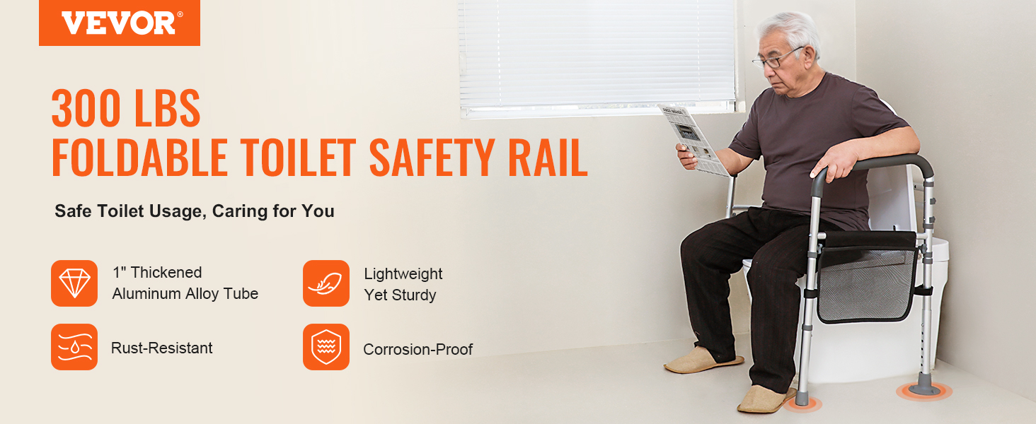 VEVOR toilet safety rail, foldable, supports up to 300 lbs, lightweight, sturdy, rust-resistant and corrosion-proof.