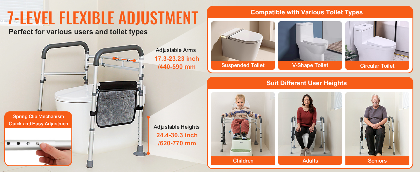 VEVOR toilet safety rail with 7-level adjustment, perfect for children to seniors, fits various toilet types.
