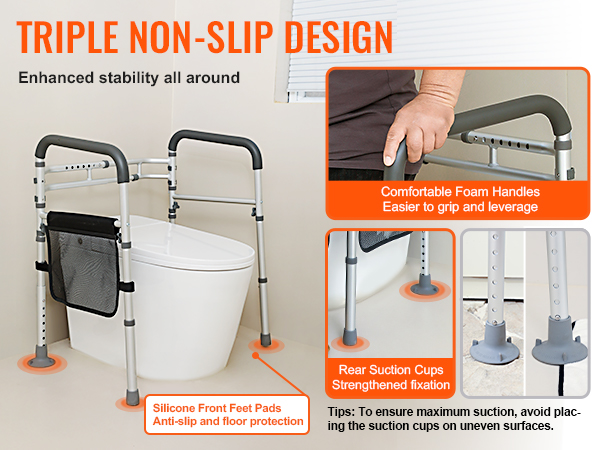 VEVOR toilet safety rail with silicone feet pads, foam handles, and suction cups for enhanced stability.