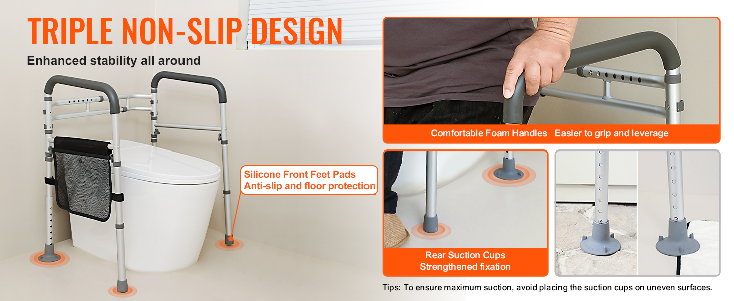 VEVOR toilet safety rail with silicone feet pads, foam handles, and suction cups for enhanced stability.