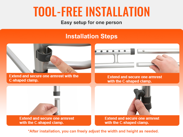 tool-free installation steps for the VEVOR toilet safety rail with adjustable width and height.