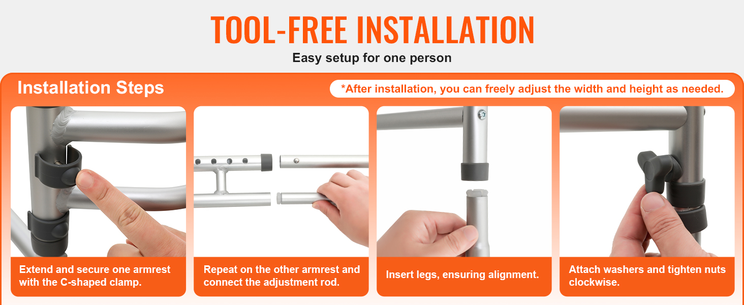 tool-free installation steps for the VEVOR toilet safety rail with adjustable width and height.