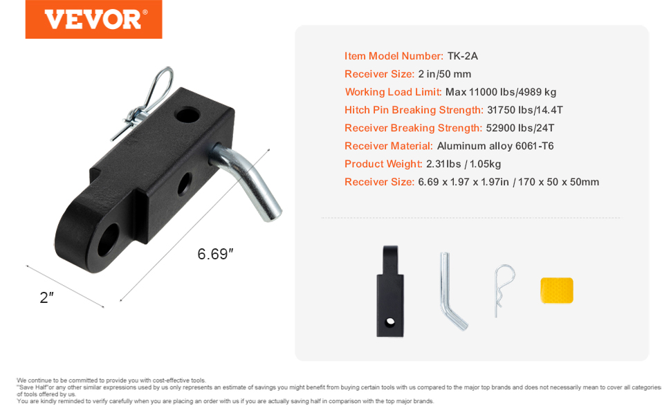 VEVOR trailer hitch receiver, 2-inch size, with pin and clip, 6.69 inches long, aluminum alloy.