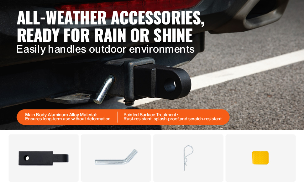 VEVOR trailer hitch receiver, all-weather aluminum alloy, rust-resistant, for outdoor environments.