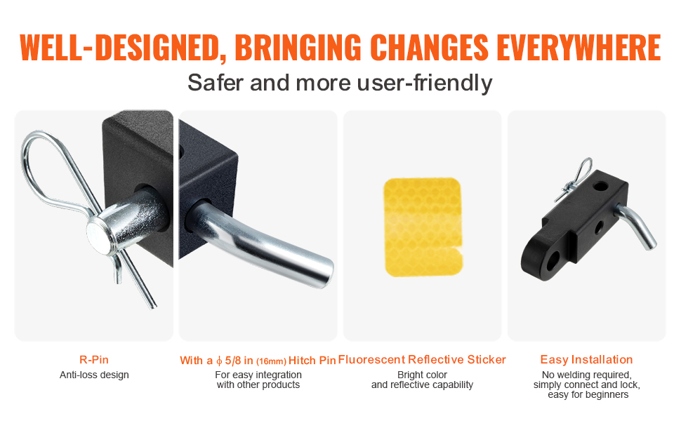 trailer hitch receiver with r-pin, hitch pin, reflective sticker, and easy installation guide by VEVOR.