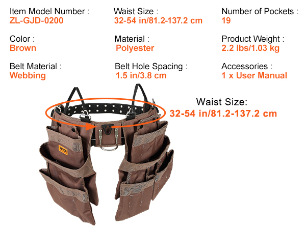 VEVOR tool belt with 19 pockets, adjustable waist size 32-54 in, brown polyester material.