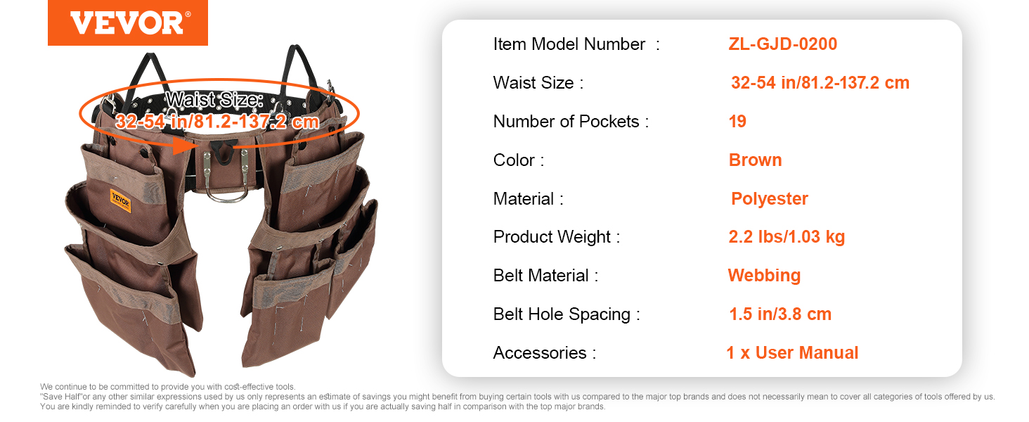 VEVOR tool belt with 19 pockets, adjustable waist size 32-54 in, brown polyester material.
