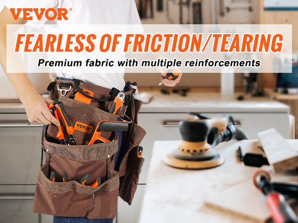 VEVOR tool belt with multiple pockets, high-quality polyester fabric, double stitching, and rivet reinforcement.