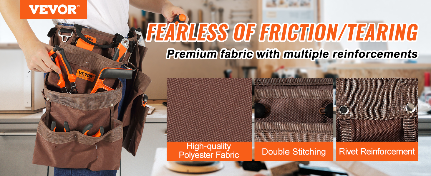 VEVOR tool belt with multiple pockets, high-quality polyester fabric, double stitching, and rivet reinforcement.