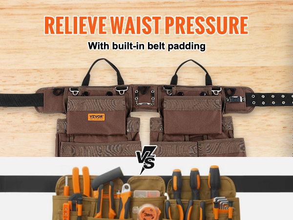 VEVOR tool belt with belt padding, multiple pockets, tool storage, reduces friction, comfortable wear.