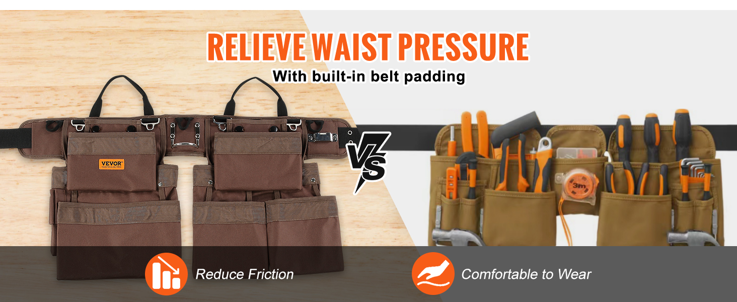 VEVOR tool belt with belt padding, multiple pockets, tool storage, reduces friction, comfortable wear.