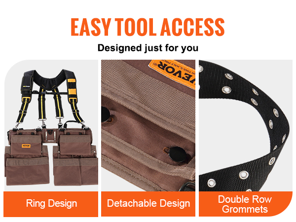 VEVOR tool belt with shoulder strap compatibility, detachable design, and double row grommets.