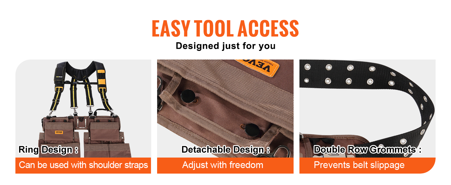 VEVOR tool belt with shoulder strap compatibility, detachable design, and double row grommets.