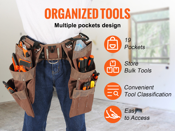 person wearing a VEVOR tool belt with 19 pockets filled with various tools. organized tools with easy access.