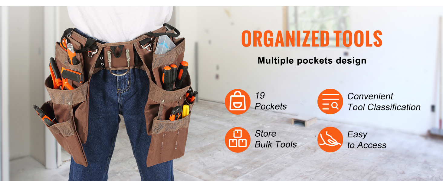 person wearing a VEVOR tool belt with 19 pockets filled with various tools. organized tools with easy access.