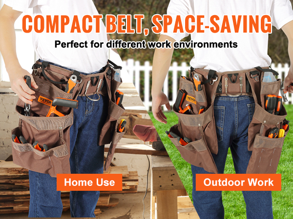 VEVOR tool belt for home and outdoor use, featuring multiple pockets and tools, compact and space-saving.