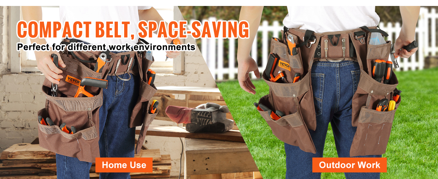 VEVOR tool belt for home and outdoor use, featuring multiple pockets and tools, compact and space-saving.